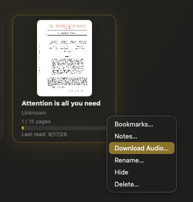Unknown's library context menu with the new Download Audio option highlighted