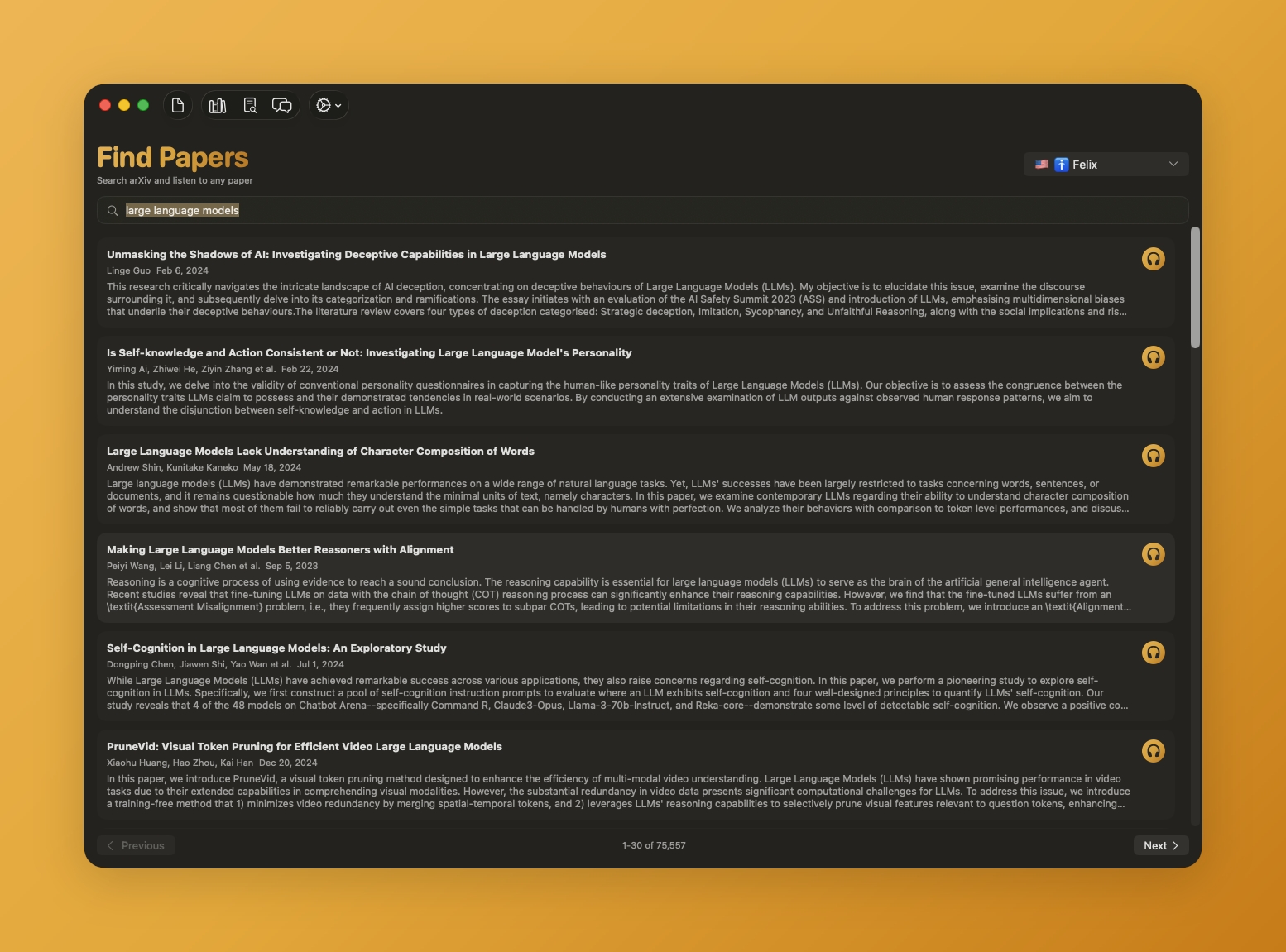 Unknown's Find Papers screen showing arXiv search results with titles, authors, and abstracts