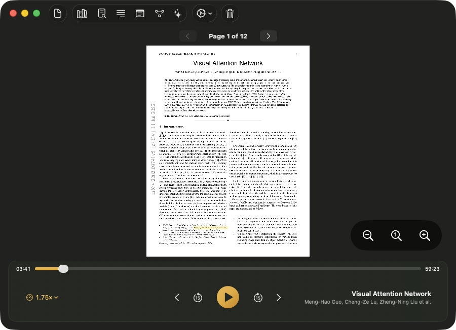 Unknown's reader narrating a two-column research paper, with the current sentence highlighted in the left column