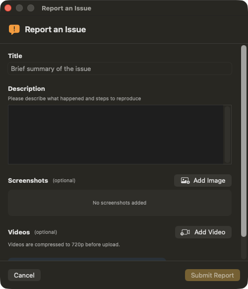 Unknown's Report an Issue dialog with the new Add Video option