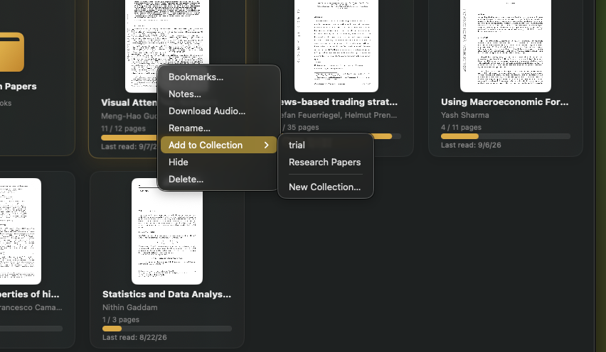 The Add to Collection context menu in Unknown, listing collections and a New Collection option