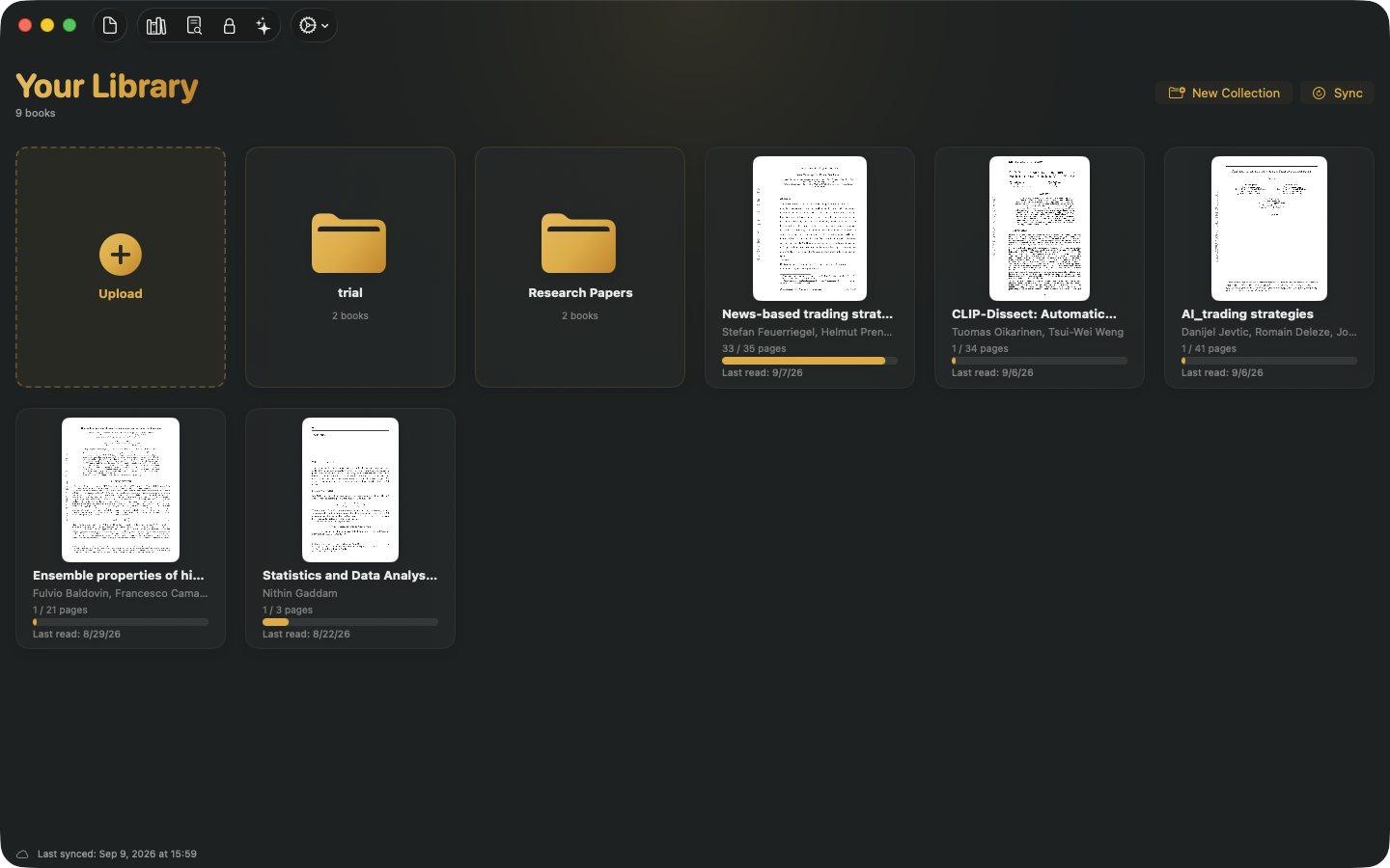 Unknown's library with two collection folders alongside book cards