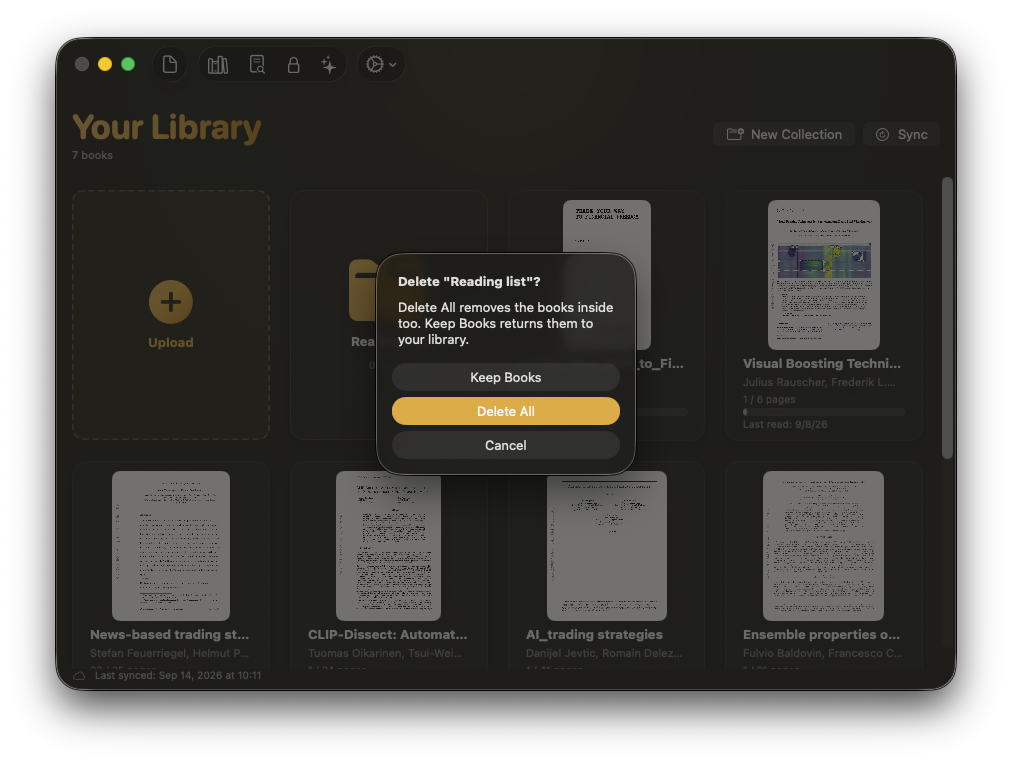 Unknown's delete collection dialog with Delete All as the highlighted default, next to Keep Books and Cancel