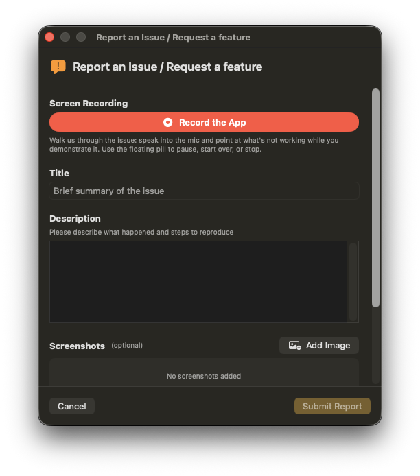 Unknown's Report an Issue window with a prominent red Record the App button at the top