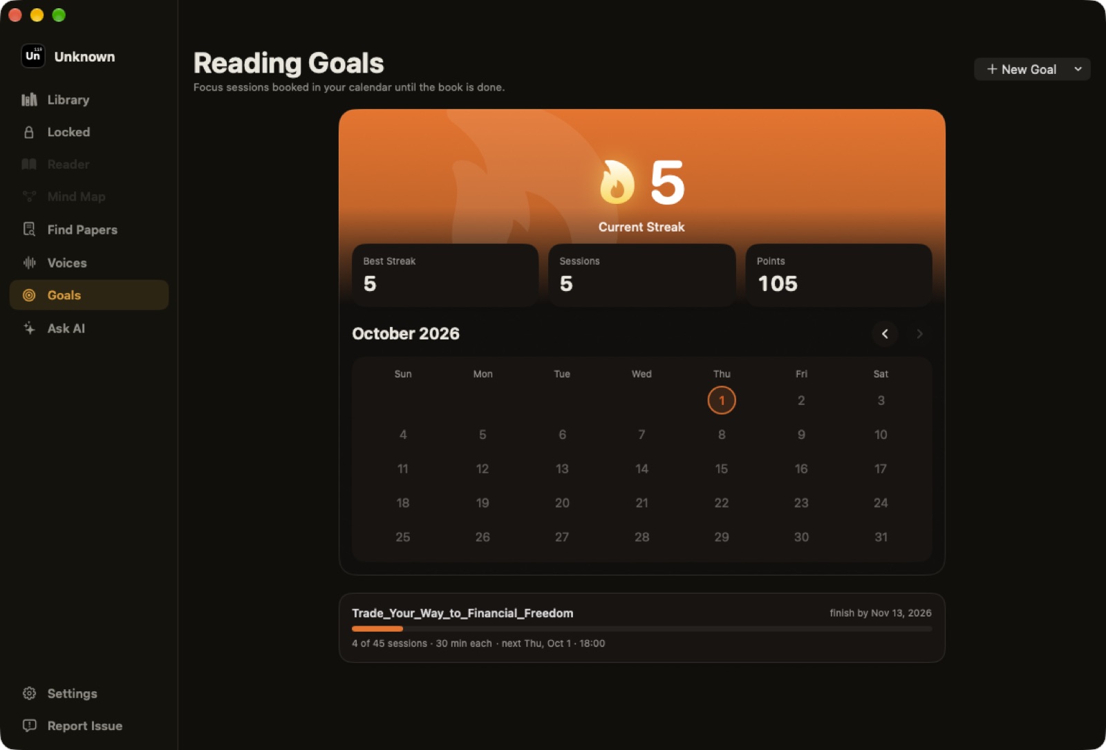 Unknown 2.1 Goals screen with the current streak, best streak, sessions and points above a month calendar of reading sessions
