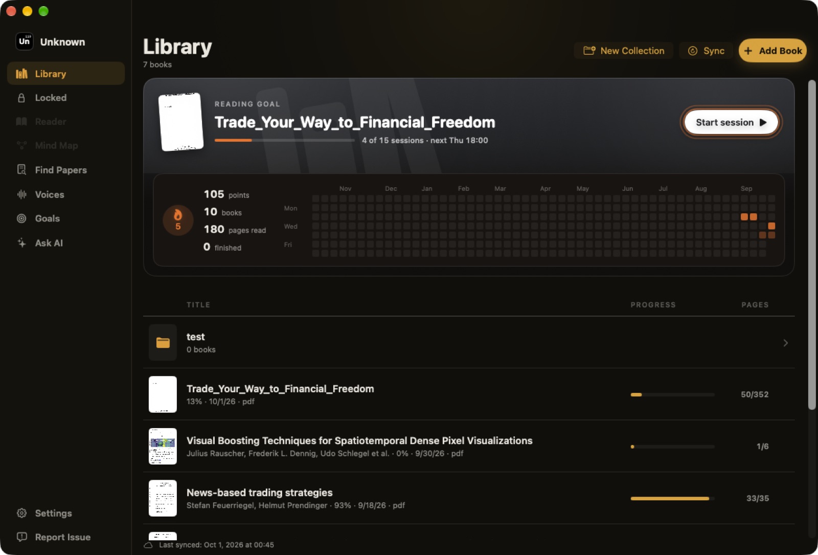 Unknown 2.1 library with the active reading goal, a Start session button, the streak flame, points and pages read, and a year-long activity grid above the book list