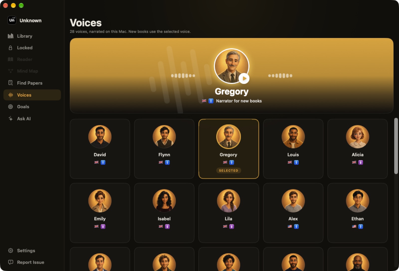 Unknown 2.1 Voices screen with the selected narrator in a large hero card and a grid of animated voice characters below
