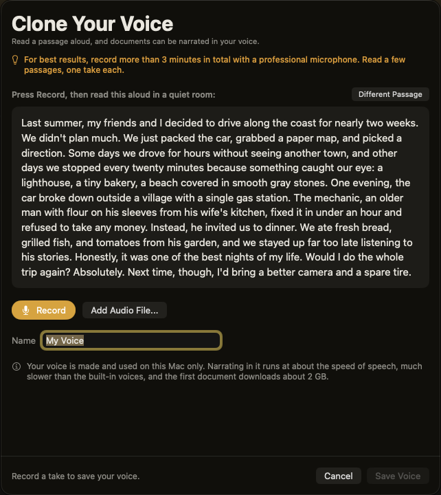 Unknown's Clone Your Voice sheet showing a passage to read aloud, a Record button and an Add Audio File option