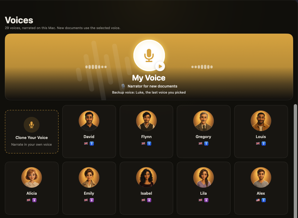 Unknown's Voices screen with a Clone Your Voice card first in the grid and My Voice selected as the narrator