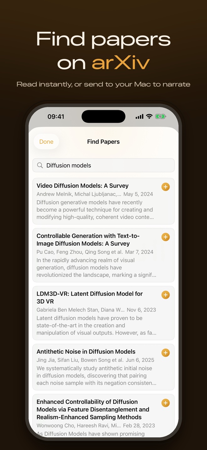 Unknown for iPhone's Find Papers screen listing arXiv results for the query diffusion models