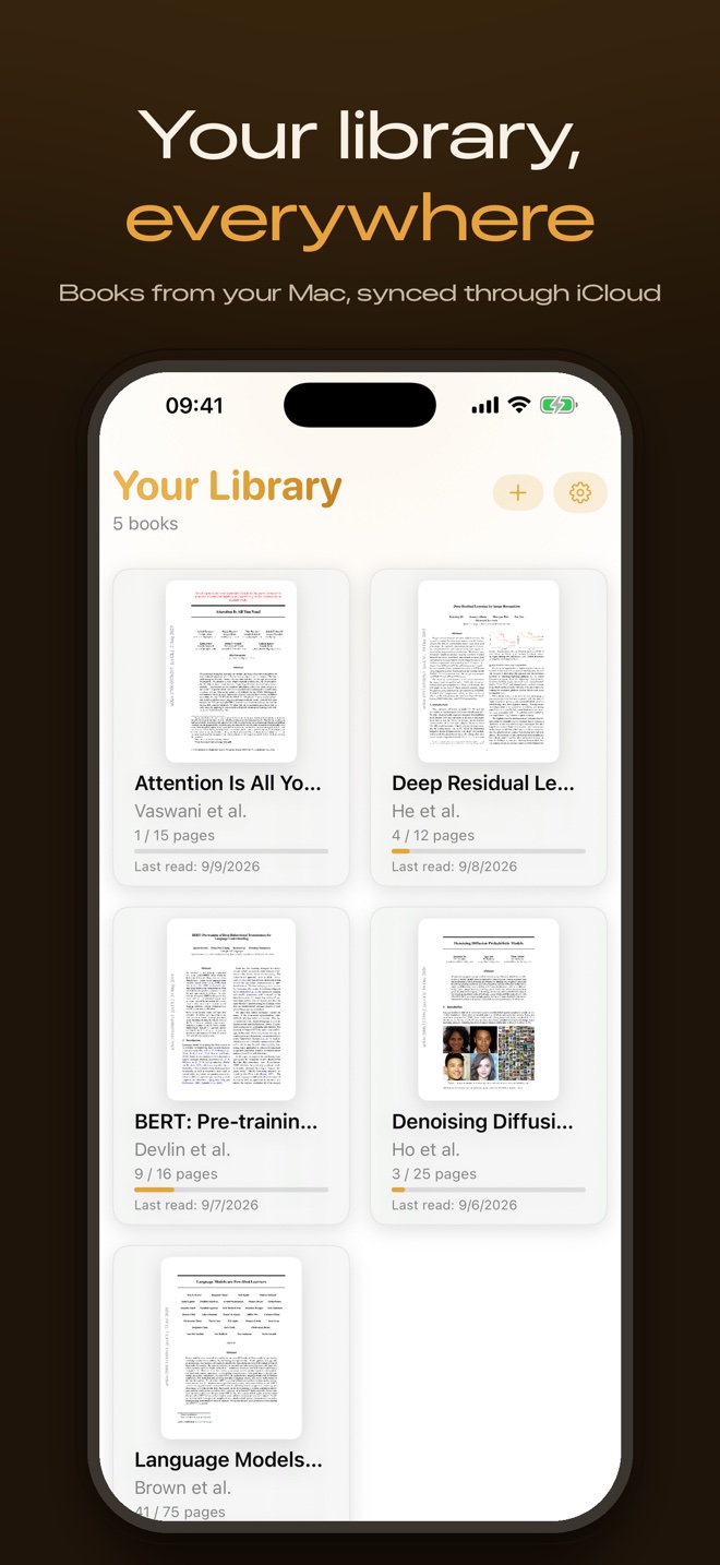 Unknown for iPhone showing a library of five research papers with covers, authors, page progress and last-read dates